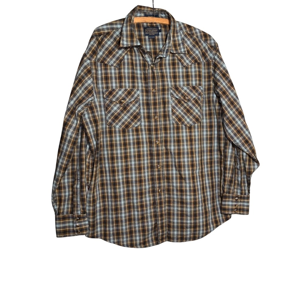 Pendleton‎ Frontier Mens Large Brown Plaid Pearl Snap Western Shirt rodeo cowboy